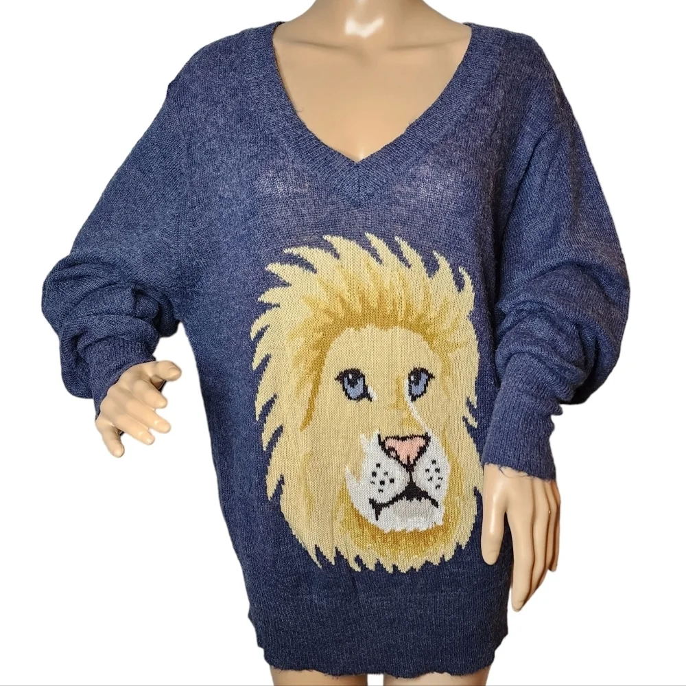 Wildfox‎ oversized wool-blend blue lion lightweight knit sweater XS